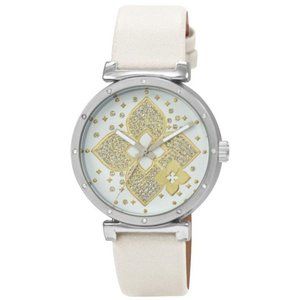 42mm Montres Carlo Womens Flower Luxury White Leather Band Fashion Dress Watch